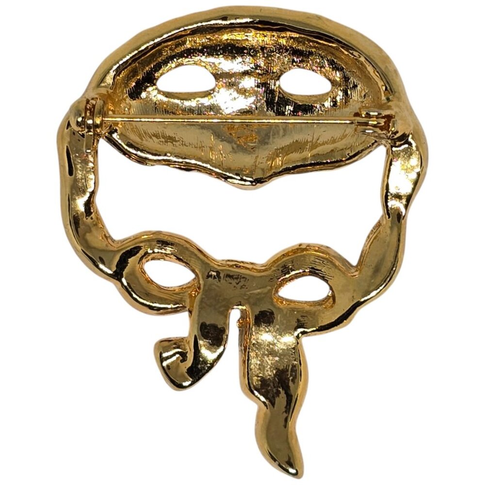 Mardi Gras Enamel Mask Brooch Pin Gold Tone Rhinestone Carnivale Masquerade - Picture 4 of 8